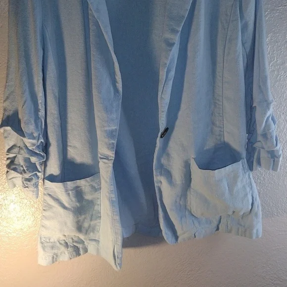 Light Blue H Halston Linen Blend Blazer with Ruffled Sleeves M - Picture 3 of 6